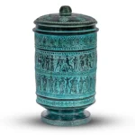 Handmade Ancient Greek Ceramic Amphora with Lid and Mythological Relief Scenes