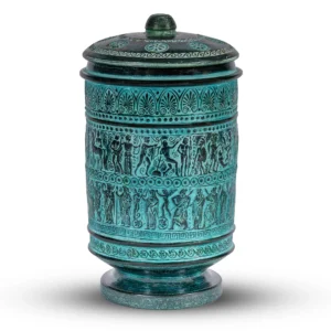 Handmade Ancient Greek Ceramic Amphora with Lid and Mythological Relief Scenes