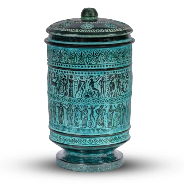 Handmade Ancient Greek Ceramic Amphora with Lid and Mythological Relief Scenes