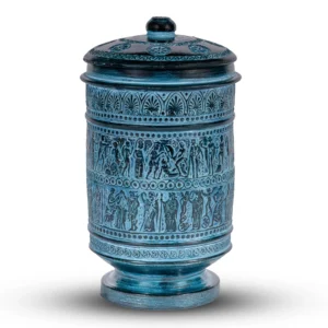 Handmade Ancient Greek Ceramic Amphora with Lid and Mythological Relief Scenes — detail