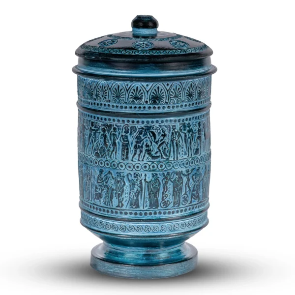 Handmade Ancient Greek Ceramic Amphora with Lid and Mythological Relief Scenes — detail